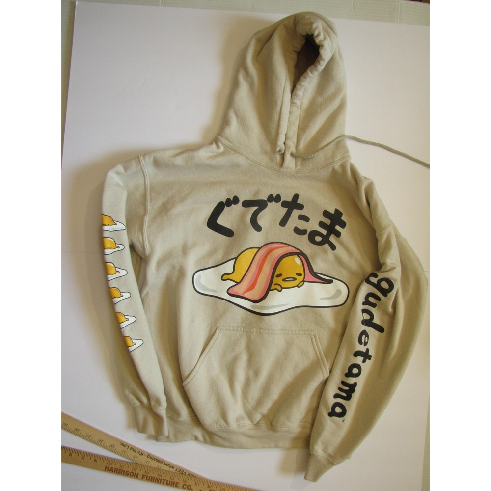 Sanrio Gudetama Hoodie Mens Medium Beige Pullover Sweatshirt Graphic Kawaii